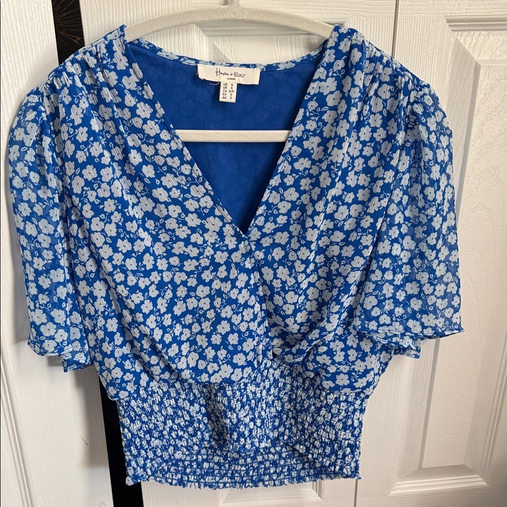Hem & Thread Blue Floral V-Neck Smocked Waist Blouse